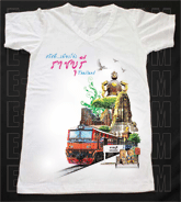 เสื้อยืดคอวีพร้อมสกรีนลายแหล่งท่องเที่ยว ลายราชบุรี